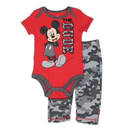 Disney Mickey Mouse Red The Dude Short Sleeve Baby Boys Onesie and Grey Camo Pants Space City Kids Clothing Store