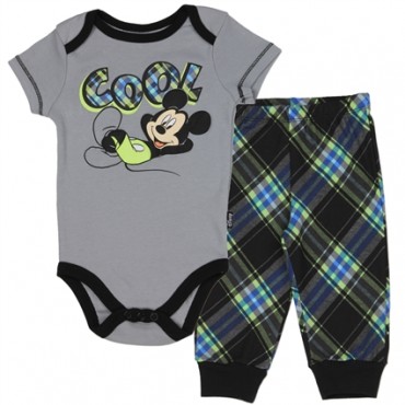 Disney Mickey Mouse Cool Grey Onesie With Black Trim And Matching Plaid Pants Space City Kids