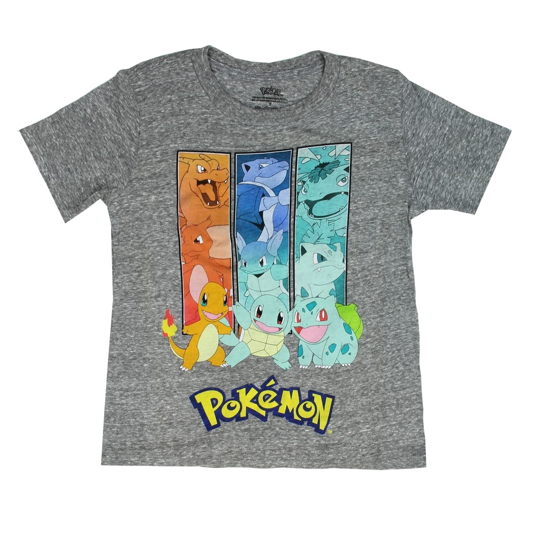 Boys Pokemon T-Shirt Pikachu Charmander Squirtle Bulbasar Age 7-12 Years Grey
