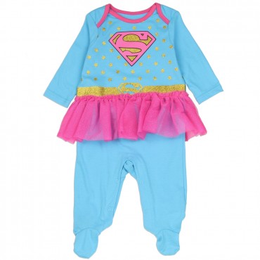 DC Comics Supergirl Blue Costume Footed Sleeper With Gold Stars Space City Kids Clothing