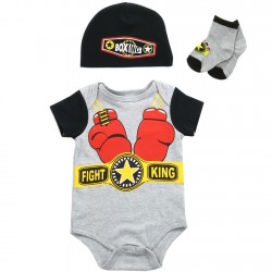 Buster Brown Boxing Fight King 3 Piece Layette Set With Onesie Hat and Socks At Space City Kids Clothing